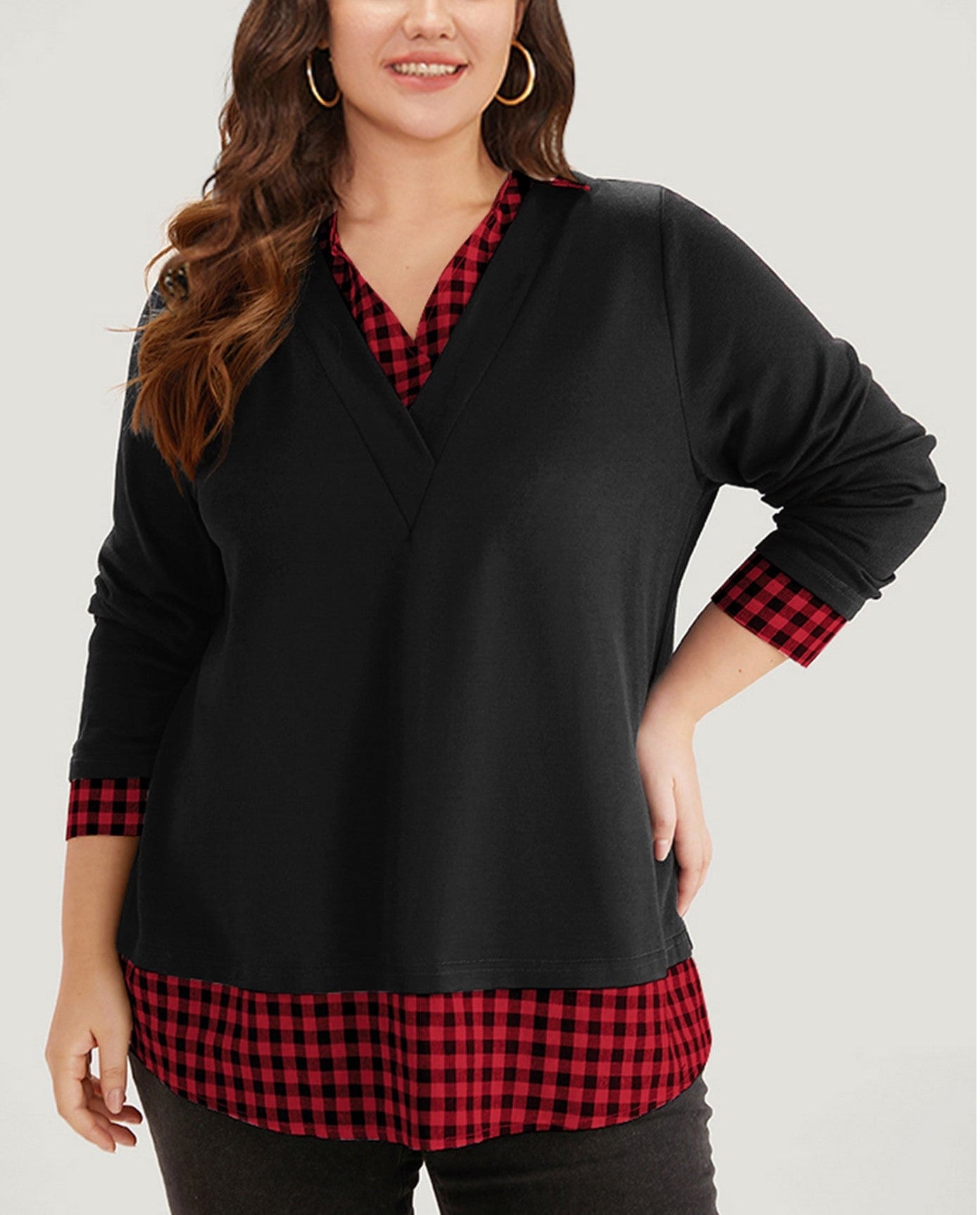 Plaid patchwork shirt V-neck curved hem sweatshirt