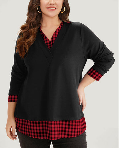 Plaid patchwork shirt V-neck curved hem sweatshirt