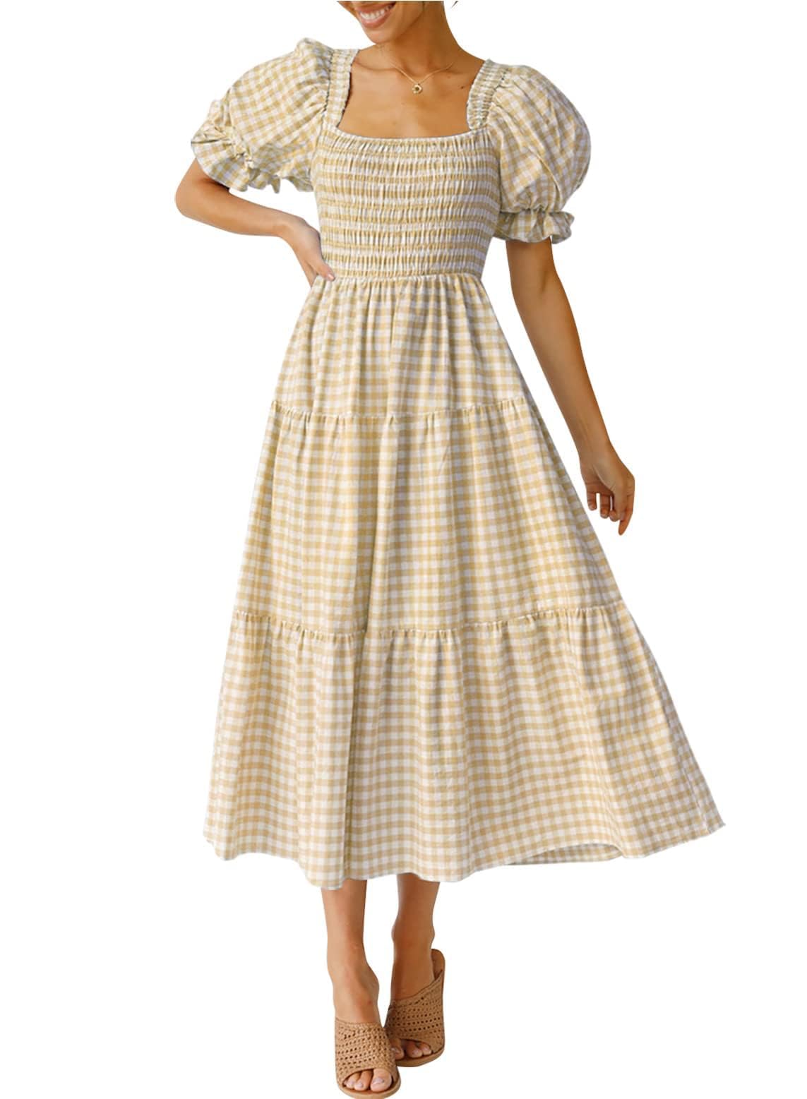 ✨Women's 2025 Summer Plaid Tiered Square Neck Puff Sleeve Ruffle Flowy Midi Dress