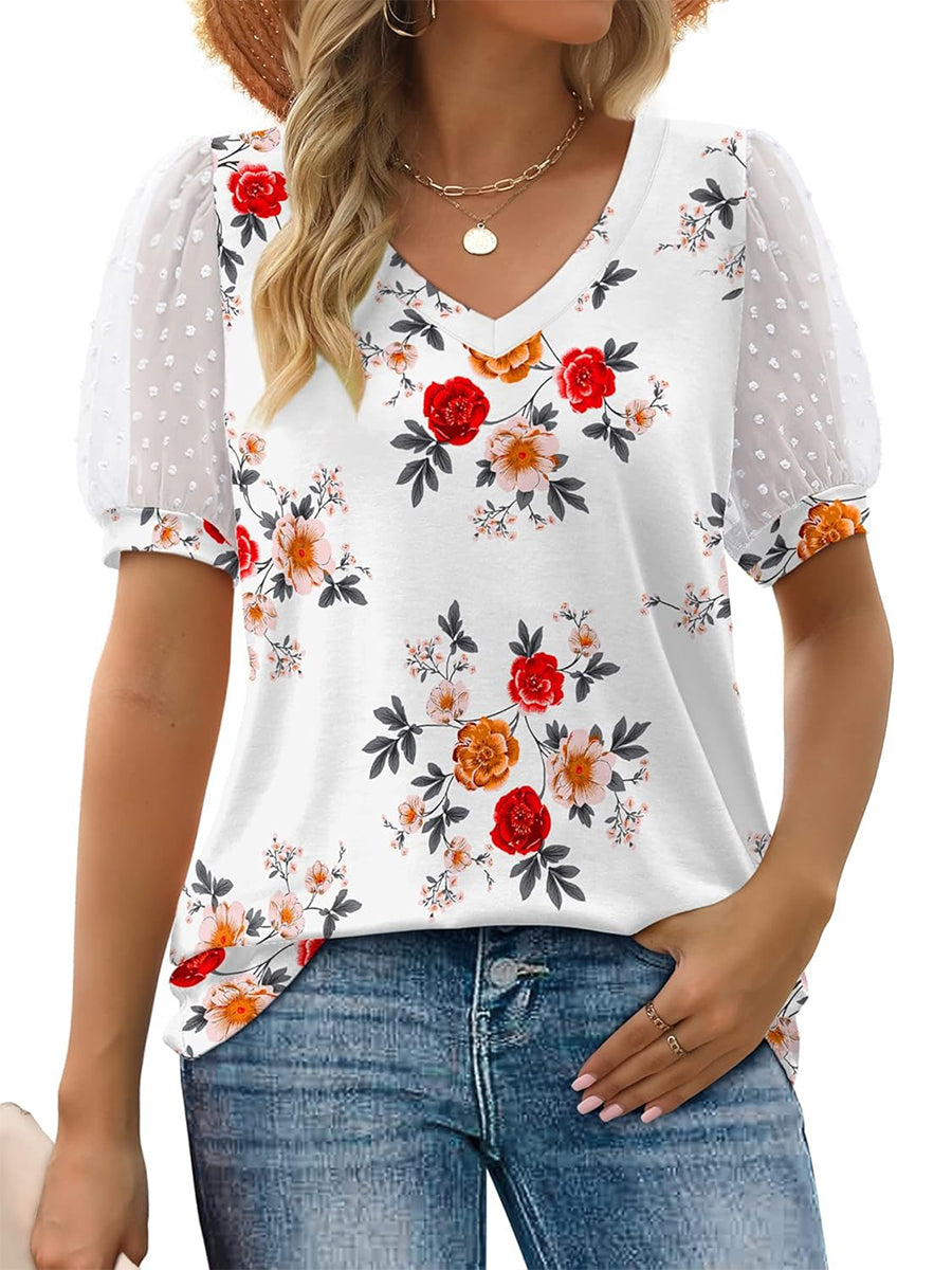 Limited time sale🔥Women's Printed V Neck Swiss Dot Puff Sleeve Loose Casual T-Shirt
