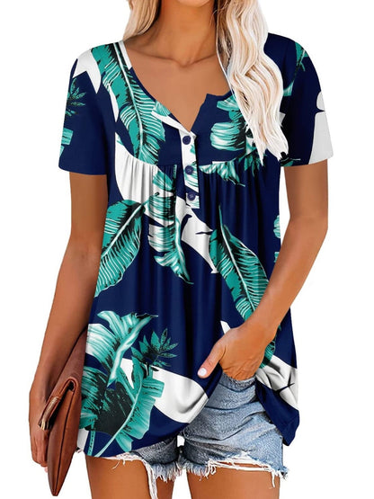✨Women's Printed Botton Down Pleated Short Sleeve Shirts Tunic Tops