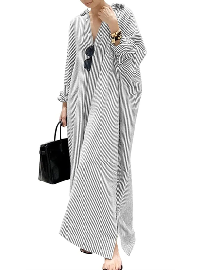 Women's Casual Long Sleeve Button Down Loose Striped Maxi Shirt Dress