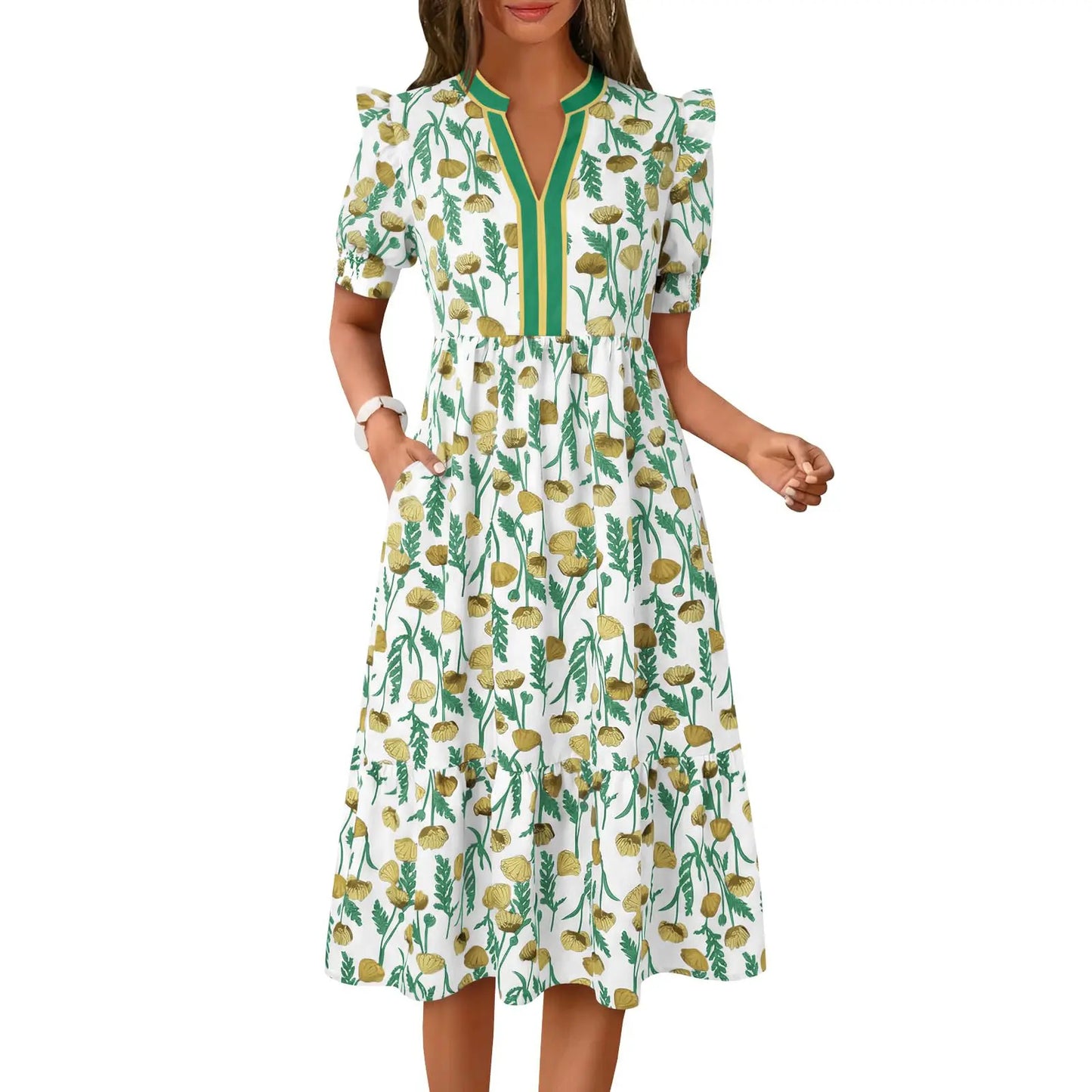 Women's Summer Midi Dress Casual Floral Puff Short Sleeve V Neck Swing