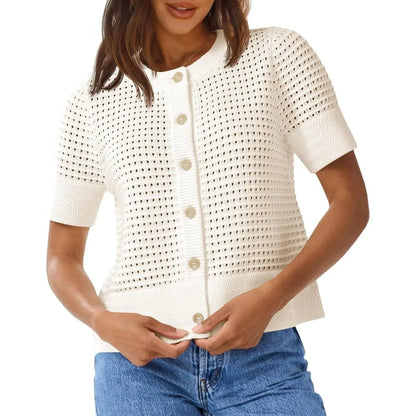 Womens Crochet Short Sleeve Cardigans Button Up Crew Neck Summer