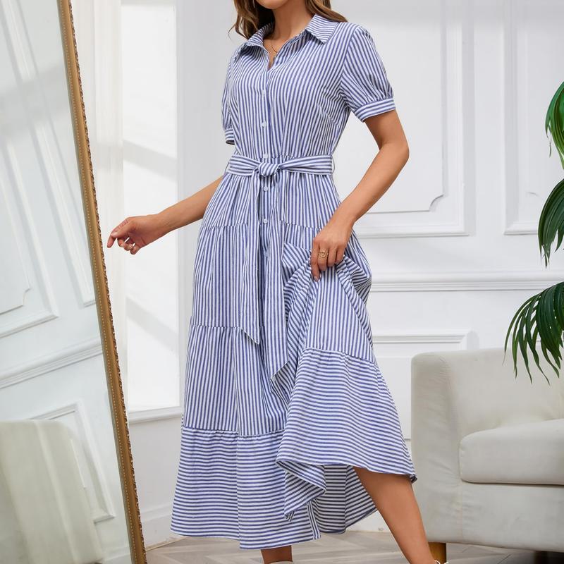 Women Button Down Striped Dress Lapel Collar Short Sleeve Dresses