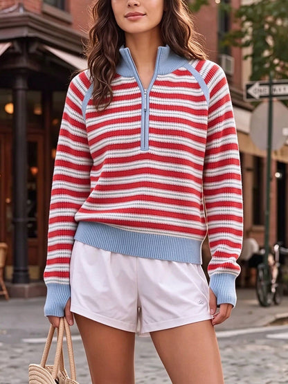 Women's Striped Waffle Knit Half Zip Pullover