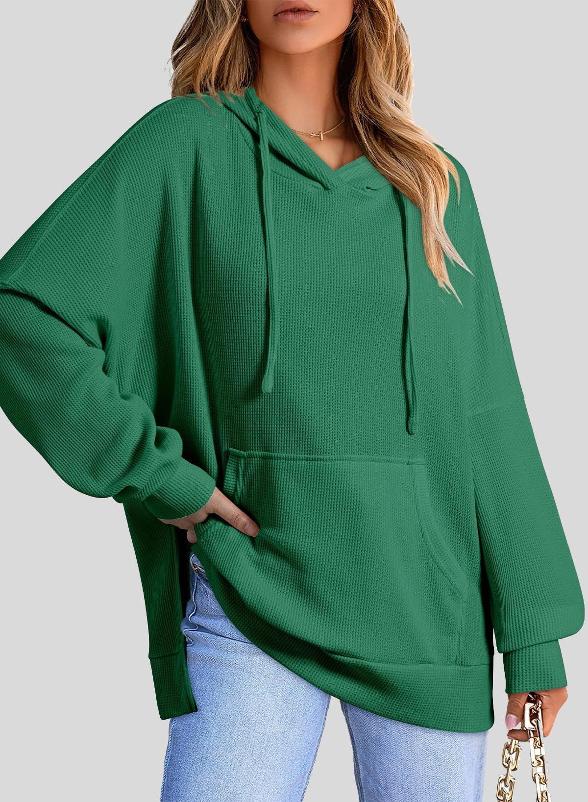✨Oversized Hoodies for Women Waffle Knit Drawstring Side Slit Pullover Sweatshirts with Pocket (Final Days: Big Savings!!!)