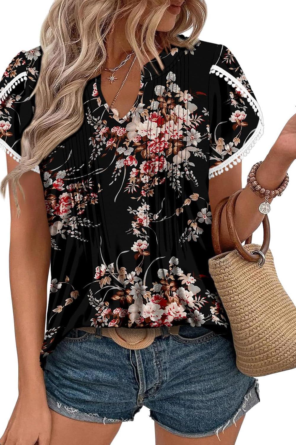 ✨Women's Cute Fringe Cuff Casual Short Sleeve Printed & Solid Tops