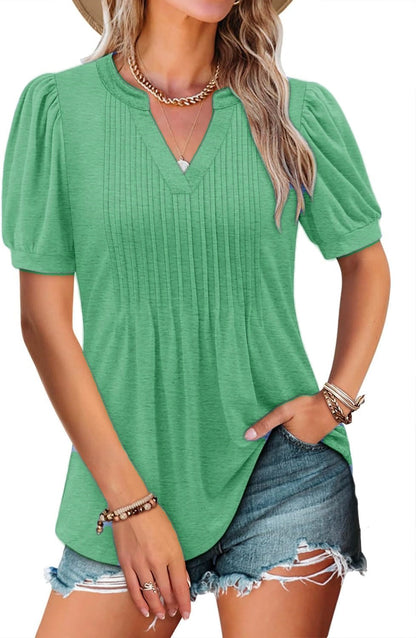 ✨Women's V-neck Loose Pleated Short-sleeved Waist Top