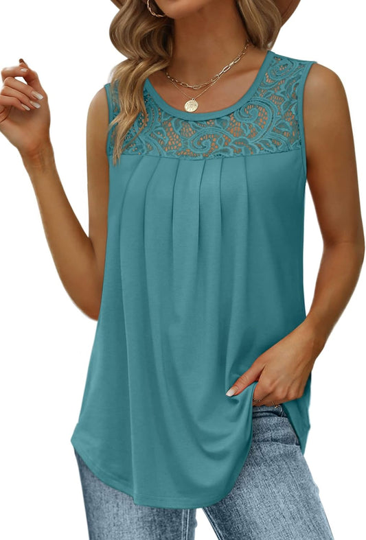 ✨Women's Loose Fit Pleated Scoop Neck Sleeveless Lace Tank Tops