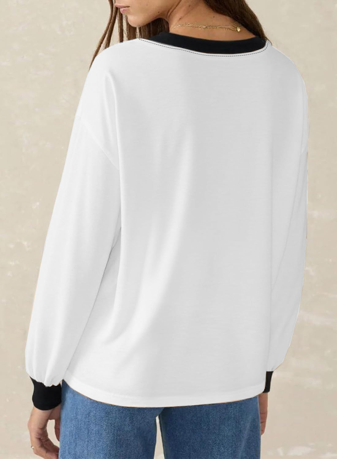 Women's Loose V-Neck Long Sleeve Colorblock T-shirt