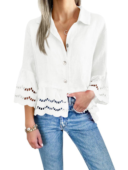 Women‘s Chic Ruffle Hem Blouse with Hollow Out Design