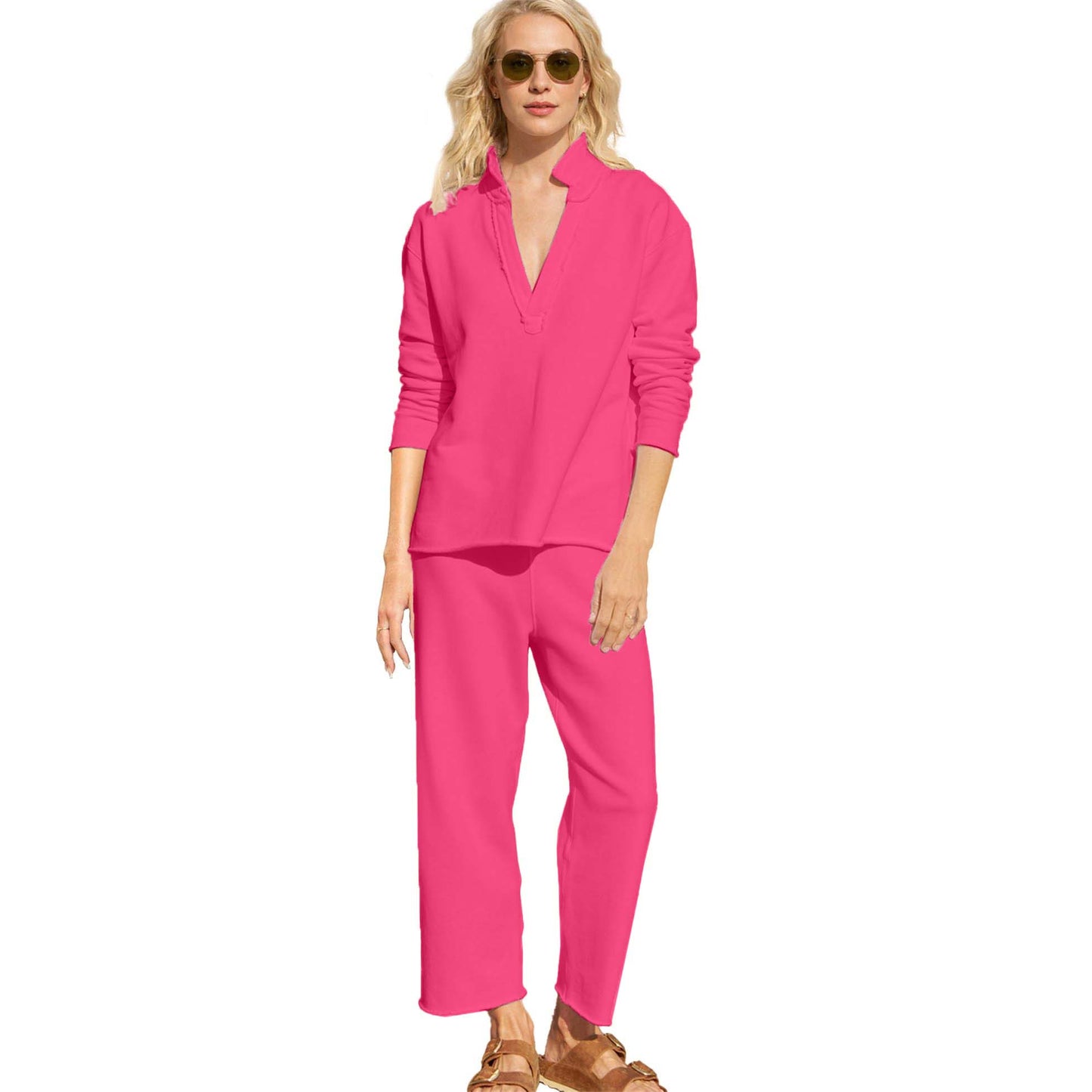 Women's V Neck Pullover Sweatshirts Wide Leg Pants Set