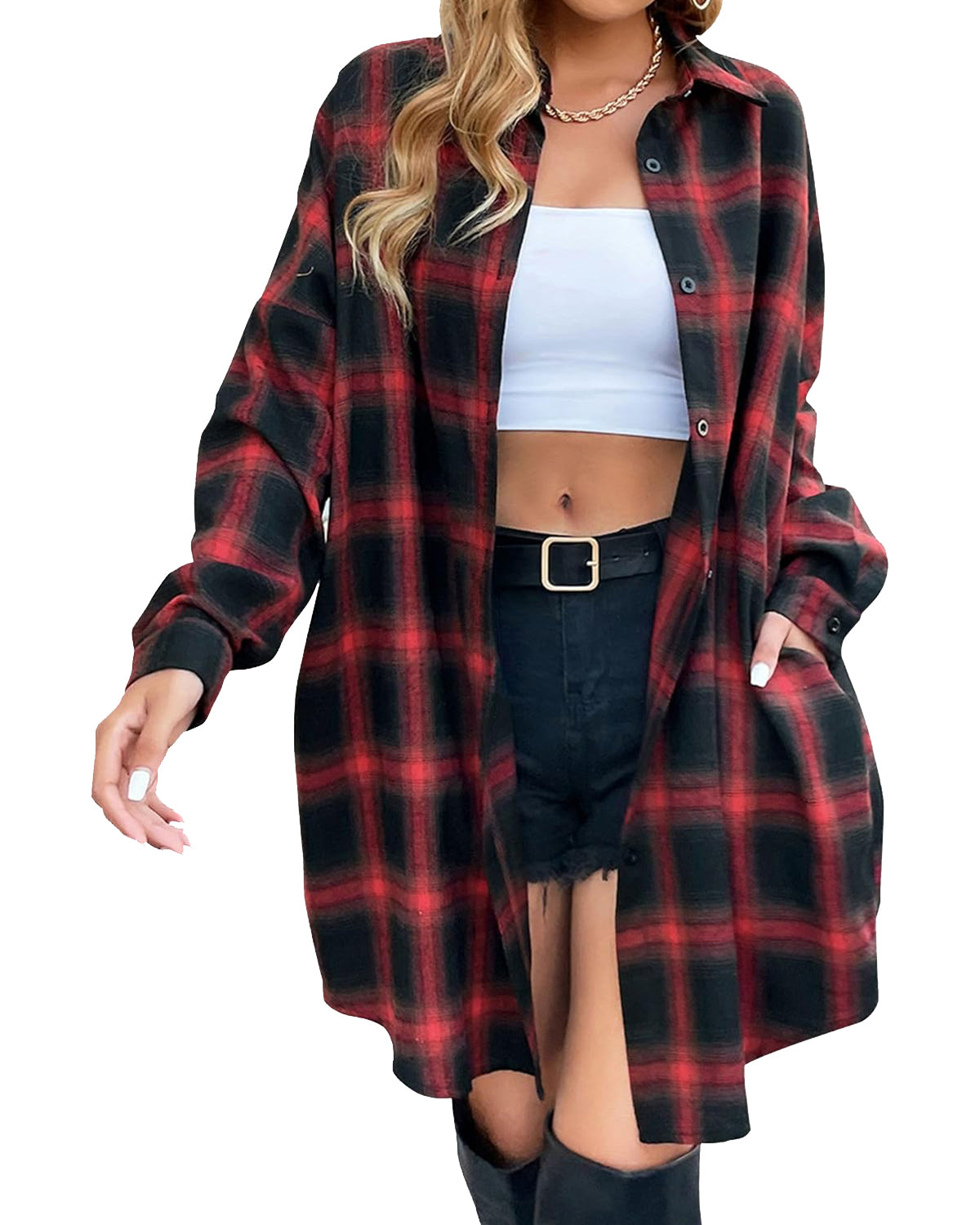 Women's Button Down Flannel Shirts Plaid Shacket  Collared Long Jacket Coats
