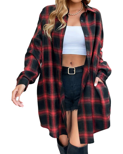 Women's Button Down Flannel Shirts Plaid Shacket  Collared Long Jacket Coats