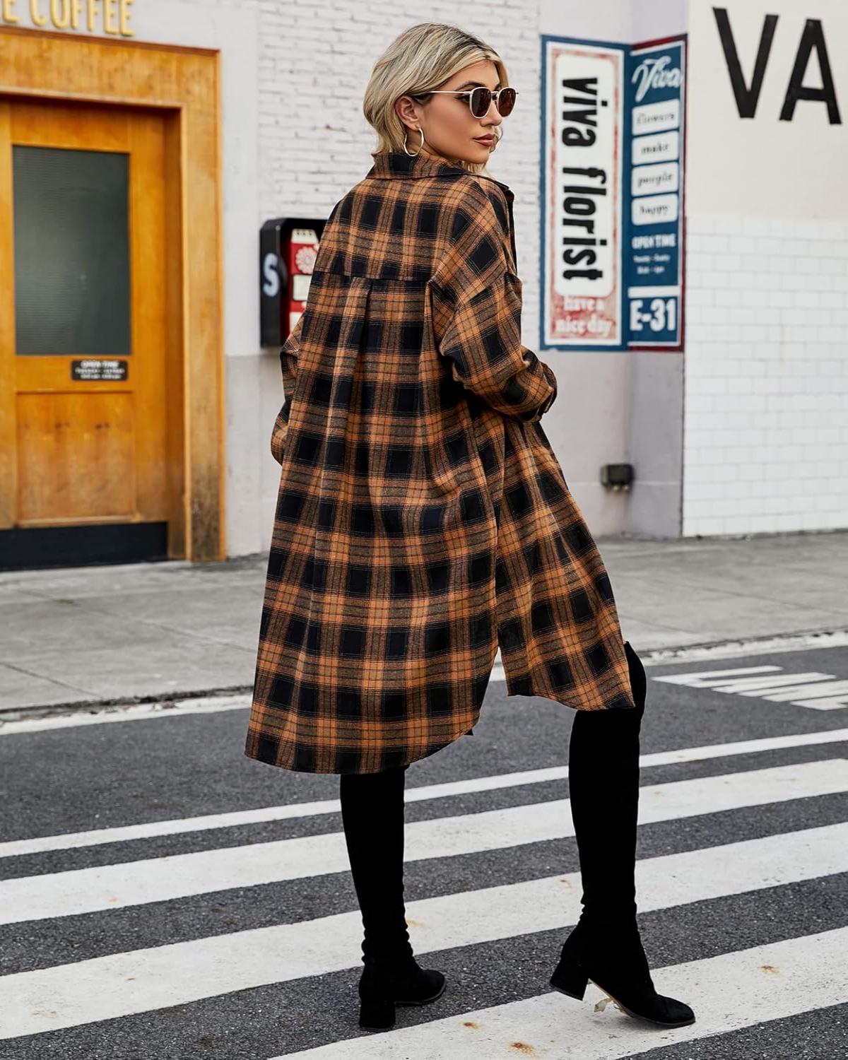 ✨Women's Button Down Flannel Shirts Plaid Shacket  Collared Long Jacket Coats