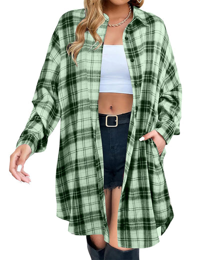 ✨Women's Button Down Flannel Shirts Plaid Shacket  Collared Long Jacket Coats
