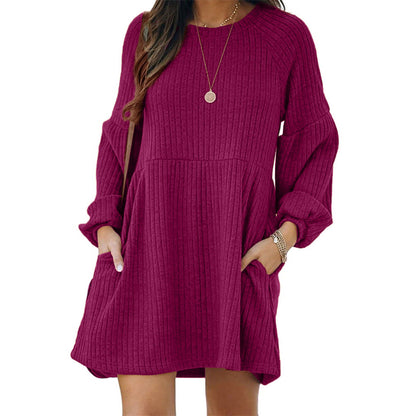 ✨Minimalist Chic Plain Textured Ribbed Pocket Bishop Sleeve Crewneck Dress