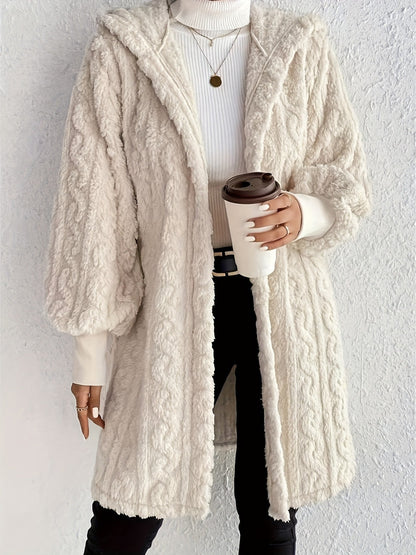 Women's Plush Fleece Soft Midi-Length Jacket with Pockets
