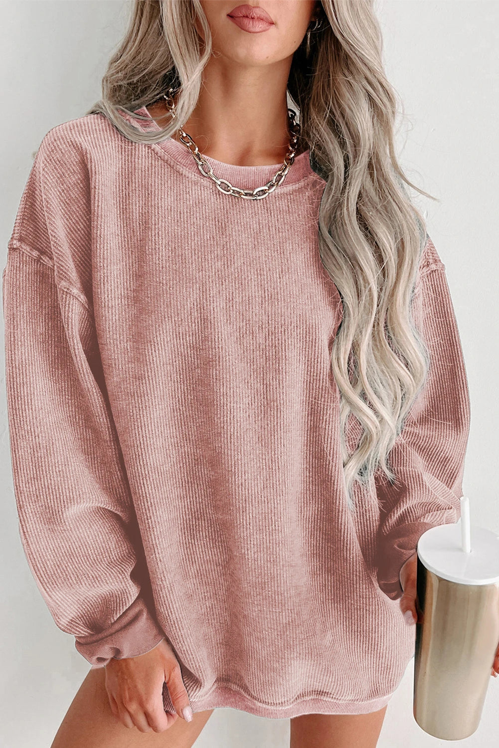 ✨ Women's Solid Color Ribbed Knit Round Neck Pullover Sweatshirt