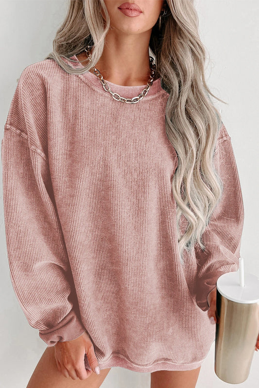 ✨ Women's Solid Color Ribbed Knit Round Neck Pullover Sweatshirt