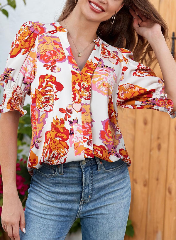 ⏰Hot Sale-Floral V-Neck Puff Sleeve Blouse