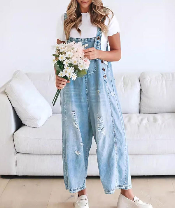 ⏰Hot Sale-Women's Cute Casual Button Jumpsuit Ripped Denim Overalls