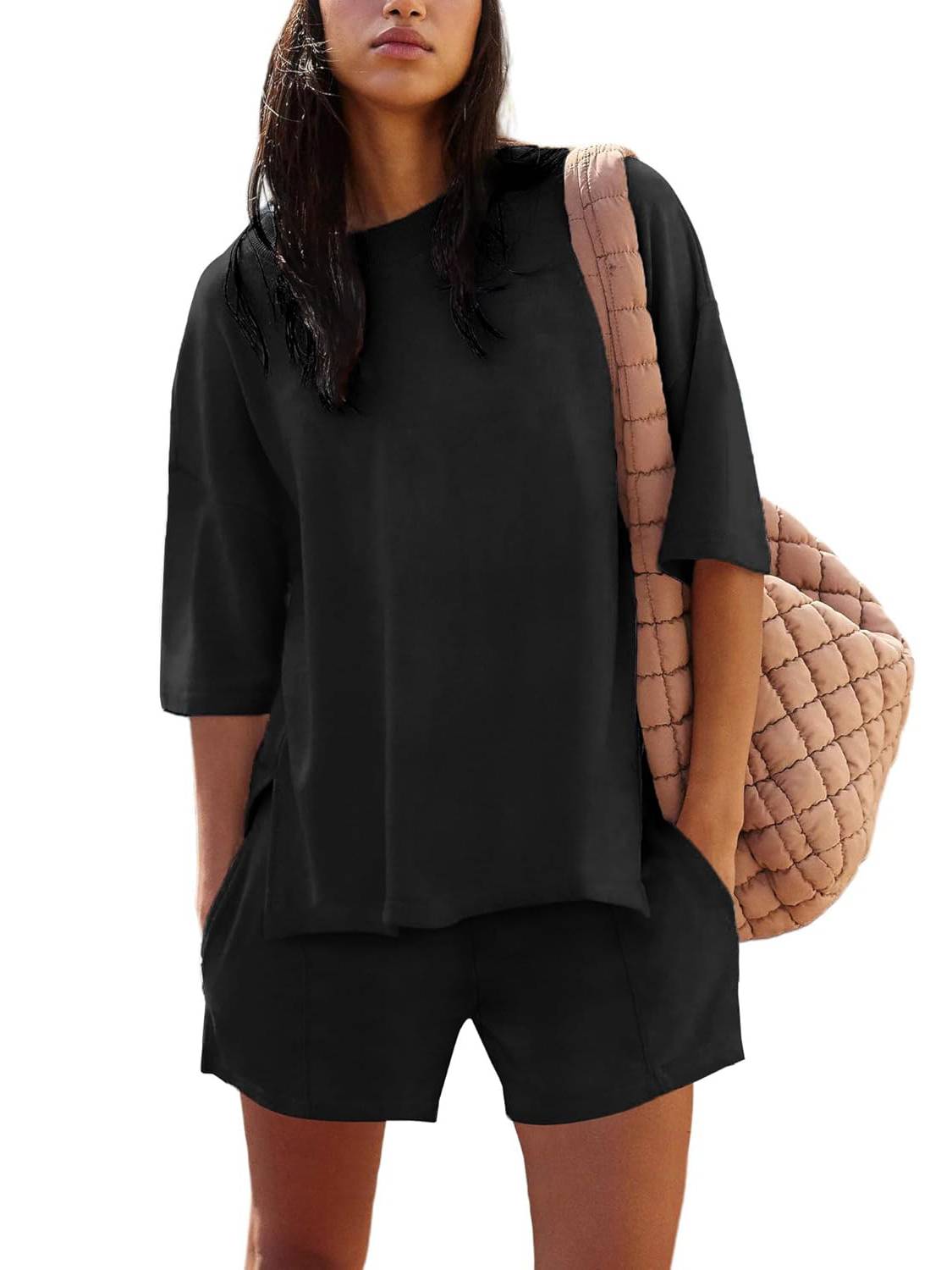 ✨2025 NEW Trendy Casual Solid Color Suit with Slit Top and Shorts