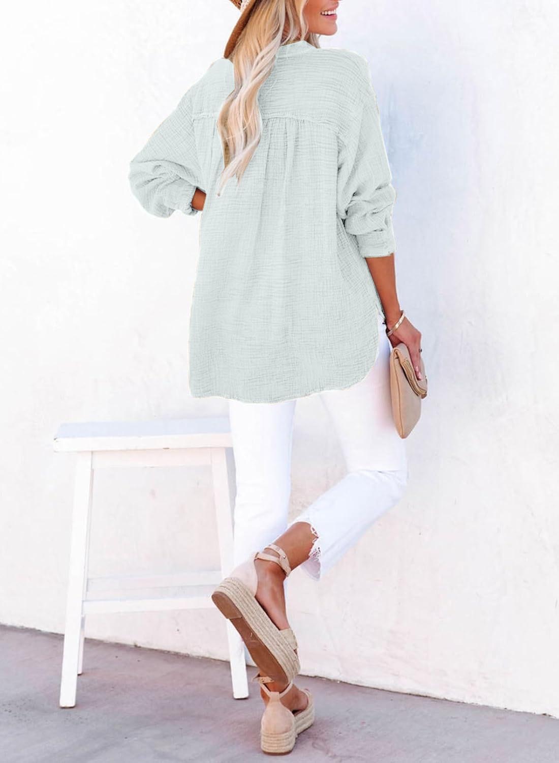 ✨Womens Casual Gauze Button Neck Long Sleeve Oversized BlousesTops