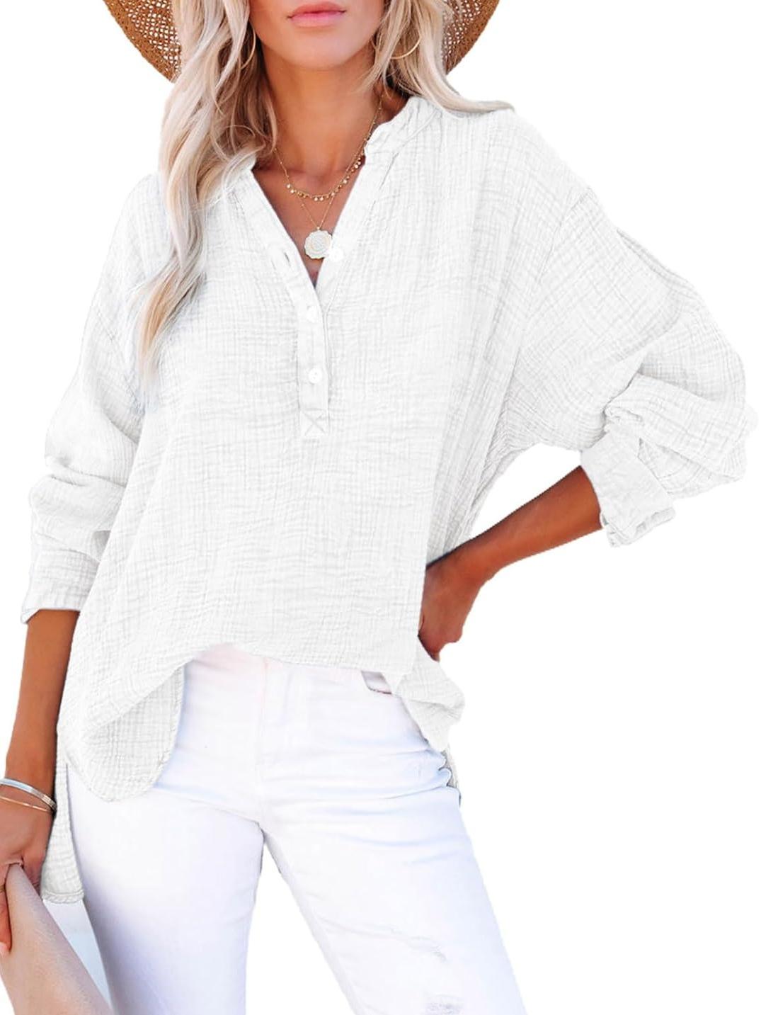⏰Hot Sale-Womens Casual Button V Neck Long Sleeve Shirts Oversized Solid Blouses Tops
