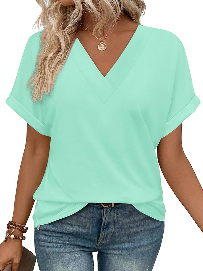 ✨Womens Summer V Neck Short Sleeve Solid Color Basic T Shirt