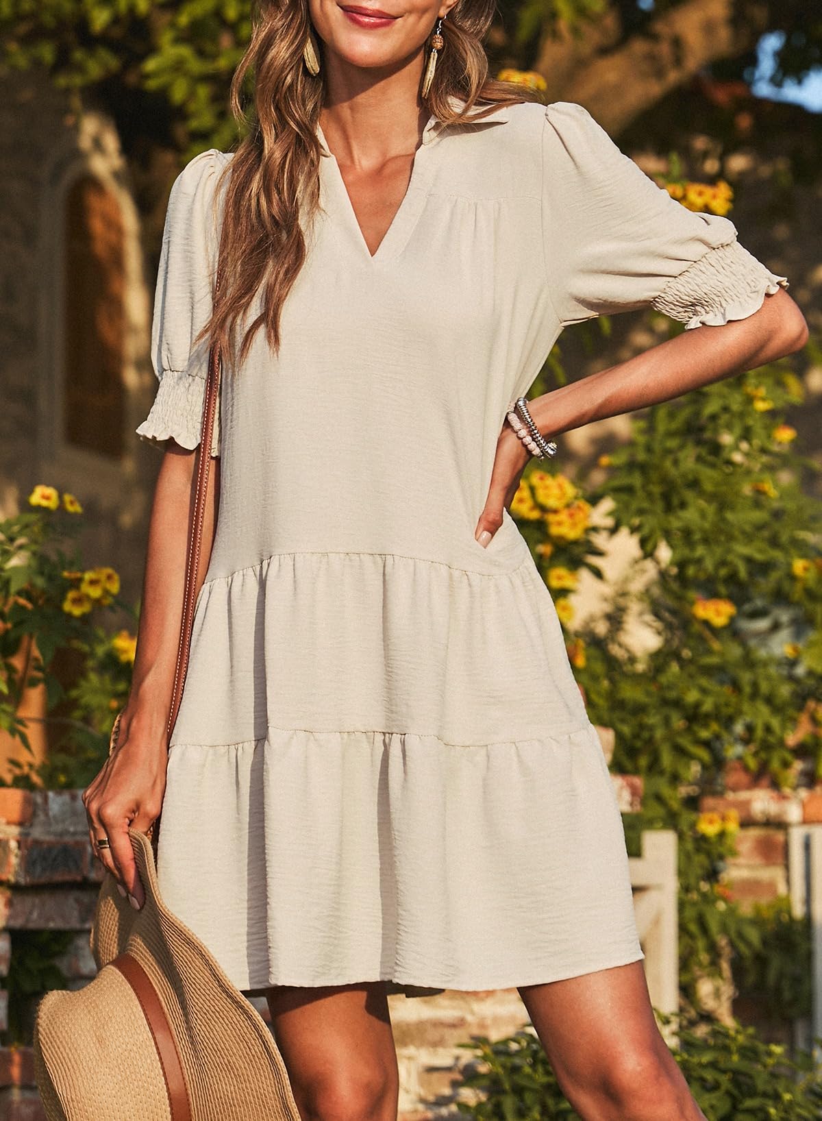 ✨Smocked Sleeve Tiered V-Neck Mini Dress