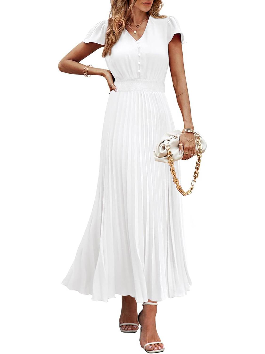 ✨Women's Summer Maxi Dresses Button V Neck Ruffle Cap Sleeve Long Flowy Pleated Dress