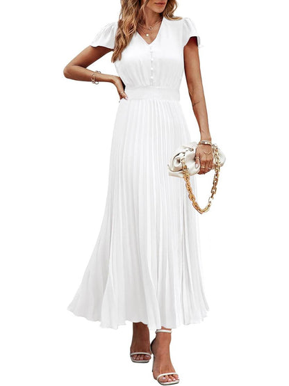 ✨Women's Summer Maxi Dresses Button V Neck Ruffle Cap Sleeve Long Flowy Pleated Dress