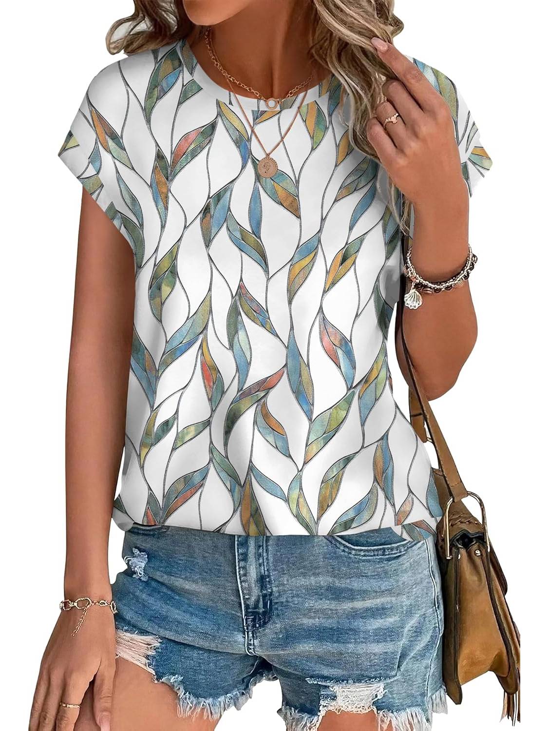 ✨Womens Printing Dressy Casual Cap Sleeve Tops with Curved Hem