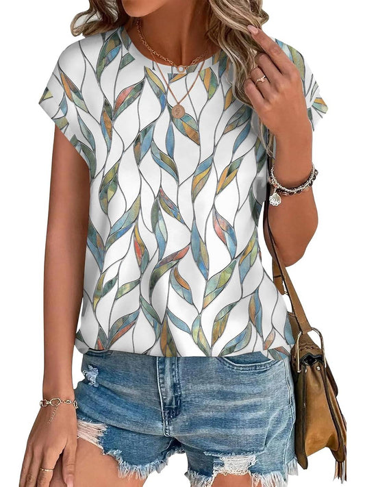 ✨Womens Printing Dressy Casual Cap Sleeve Tops with Curved Hem