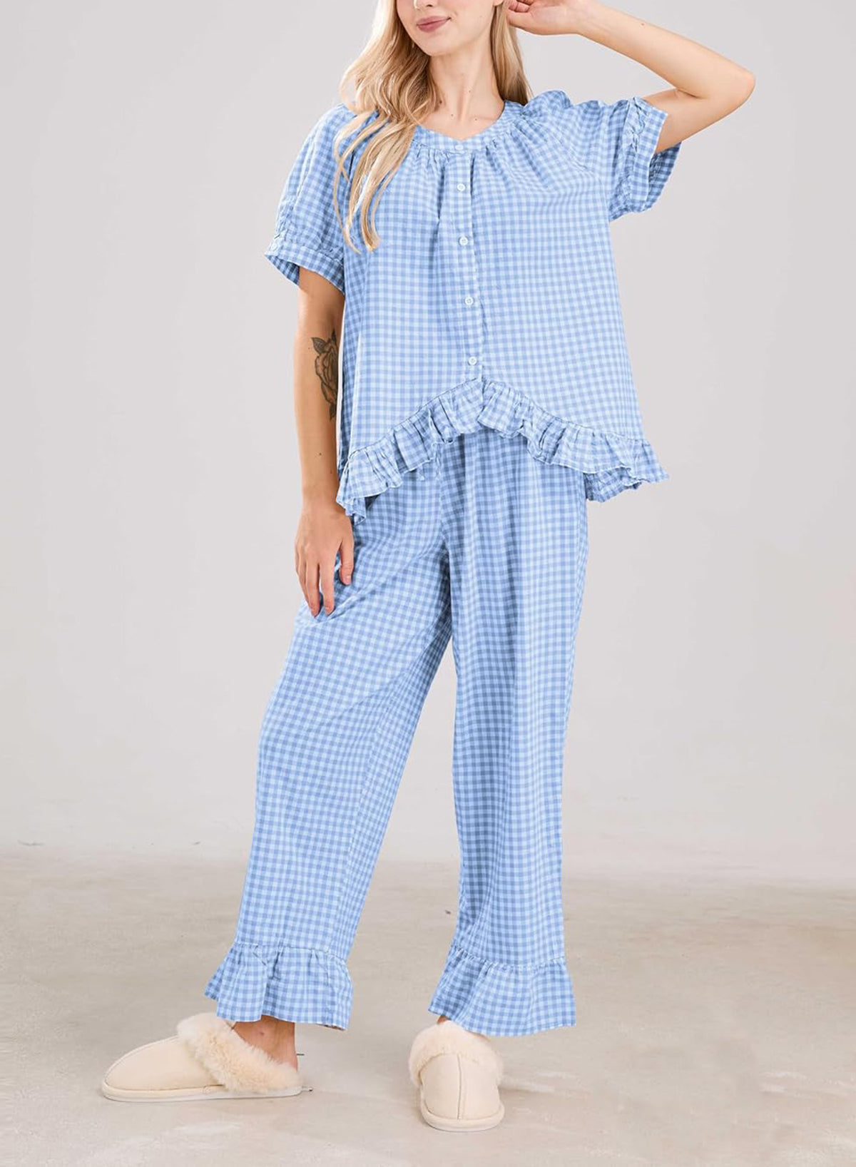 ✨Women Plaid 2 Piece Set Pajamas Outfits Short Sleeve Ruffle Shirt Pants Sets
