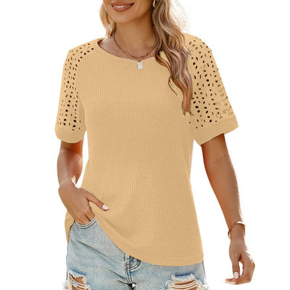 ✨Women Casual Round Neck Waffle Grid Patchwork Hollow Out Embroidered T-Shirt