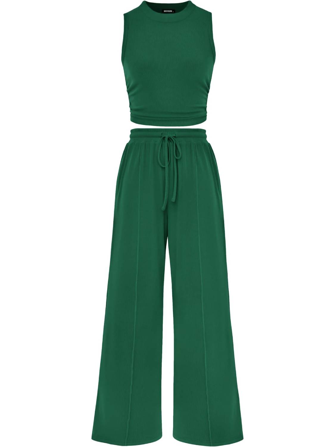 Women Crew Neck Sleeveless Cropped Top Elastic Waist Wide Leg Pants 2 Piece Set