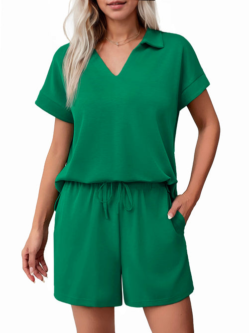✨Women Summer Lounge Sets Short Sleeve Sweatshirt V-neck Tops and Drawstring Shorts Outfits Tracksuit