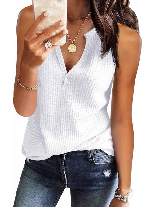 ✨Womens V Neck Waffle Knit Summer Casual Sleeveless Loose Tank Tops