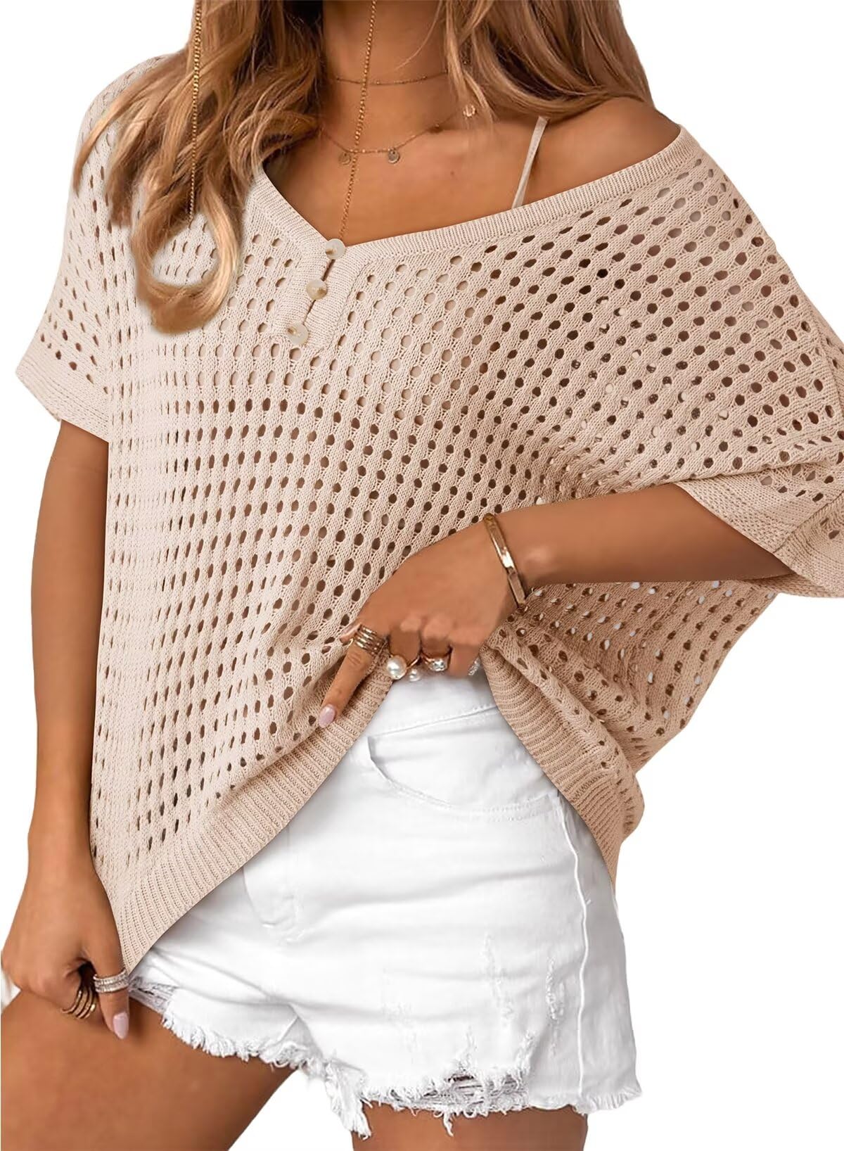 ✨Womens Summer V Neck Short Sleeve Button Down Sweater Casual Crochet Hollow Out Knit Tops Beach Coverup