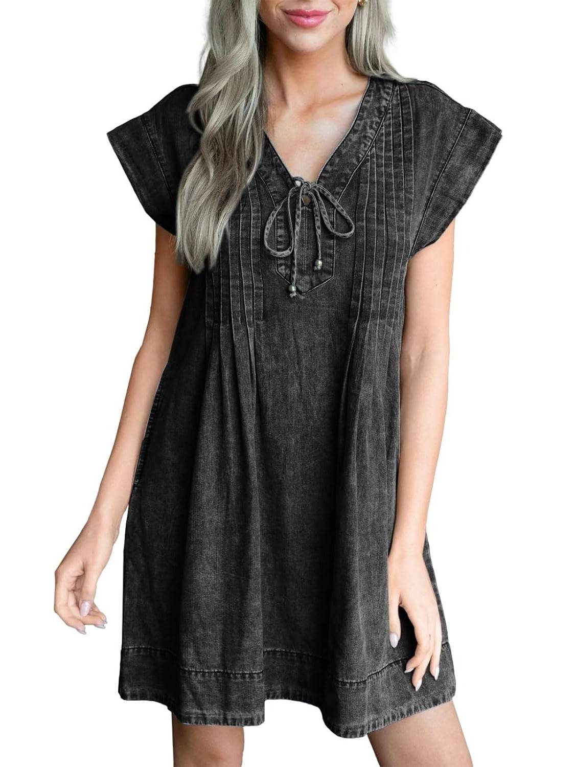 ✨Women's V-neck Pleated Denim Dress With Pockets