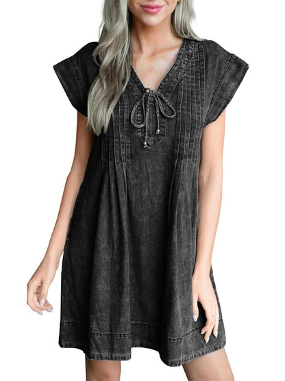✨Women's V-neck Pleated Denim Dress With Pockets