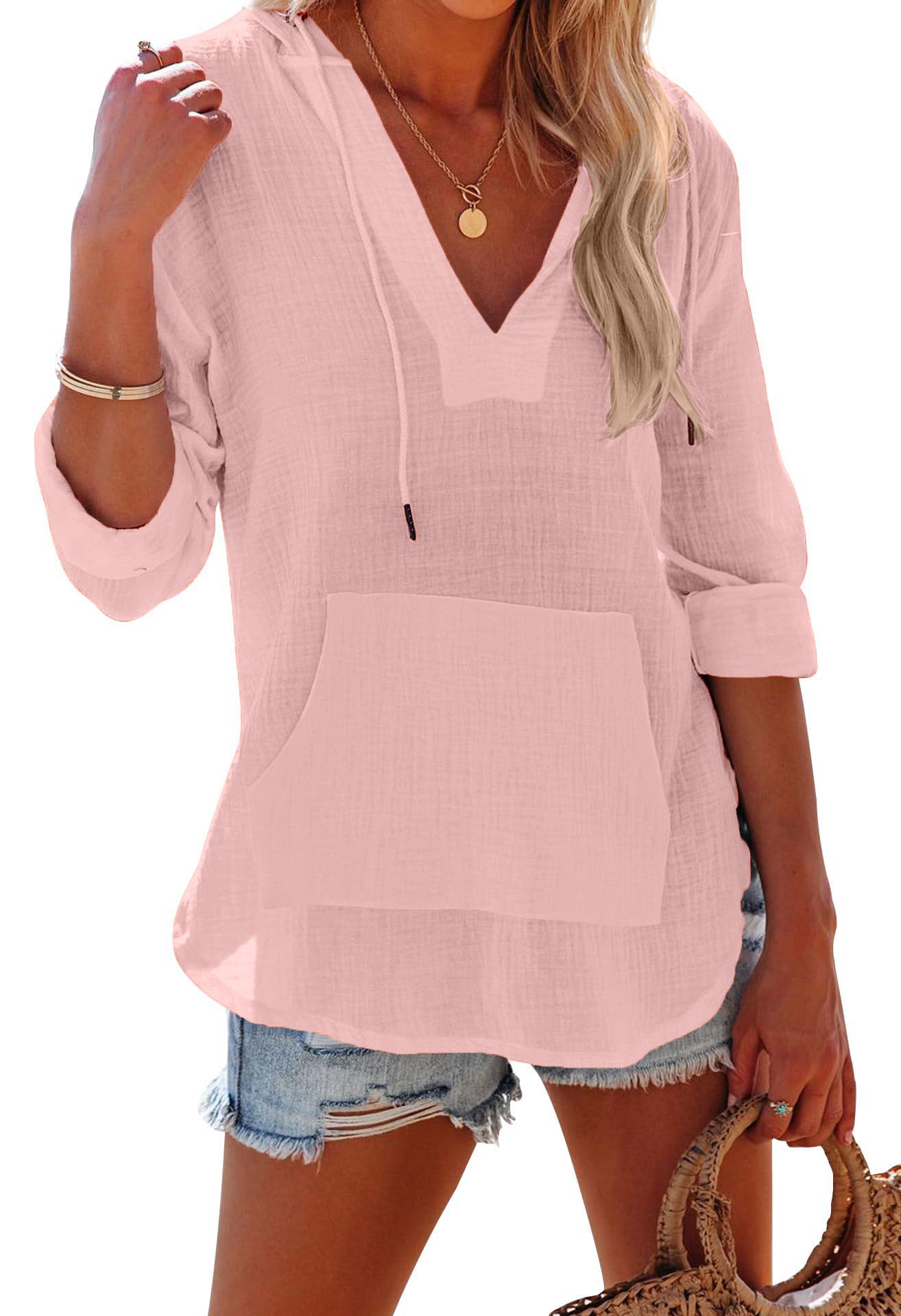 ✨Women's Long Sleeve V Neck Pocketed Hooded Shirt Top