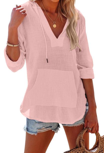 ✨Women's Long Sleeve V Neck Pocketed Hooded Shirt Top