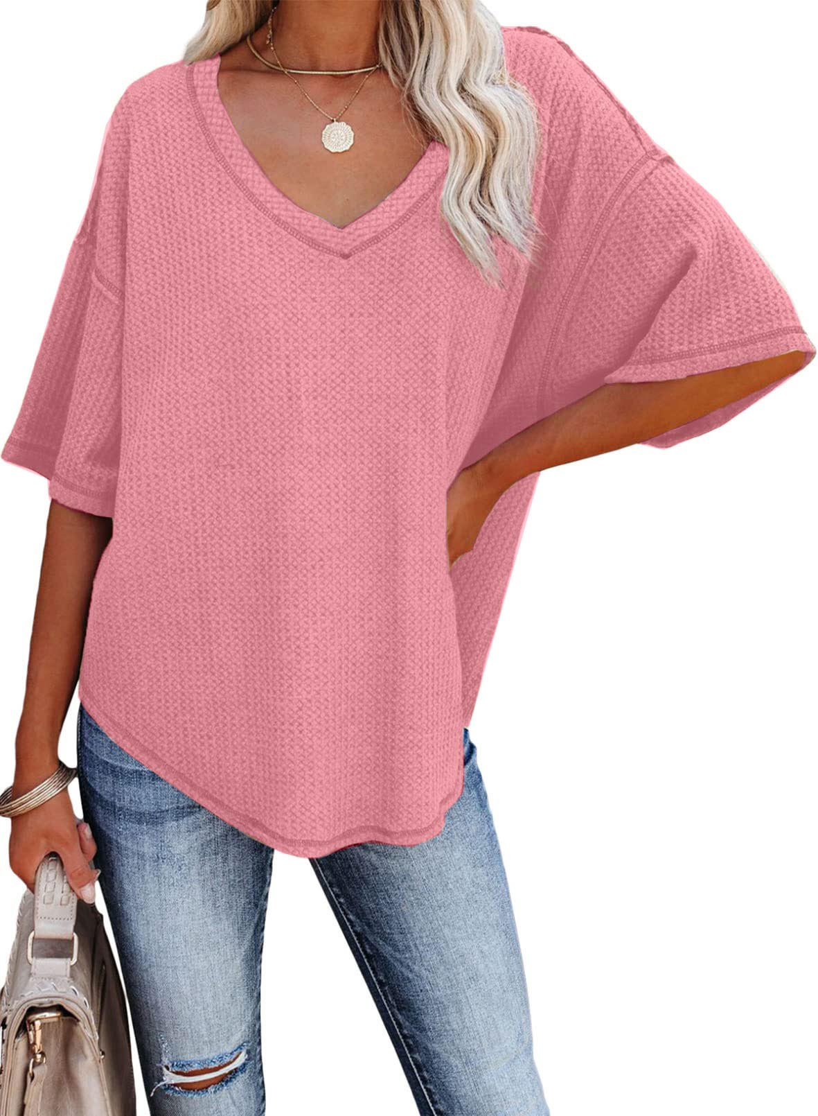 ✨Women's Causual V Neck Short Sleeve Shirts Waffle Knit Loose Tunic Tops
