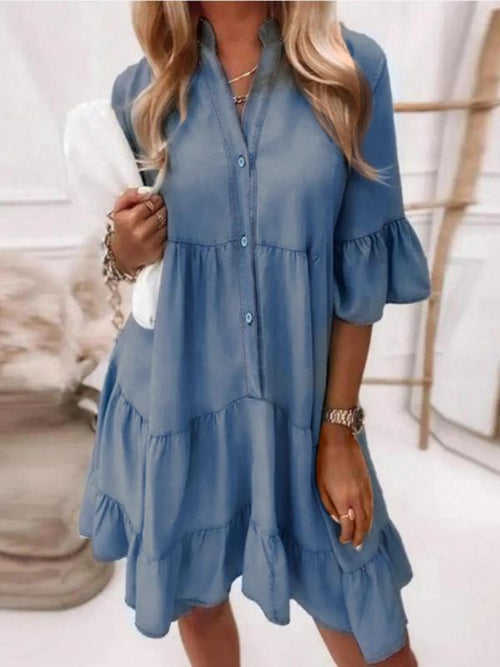 Women's Denim Ruffle Trim V Neck Dress
