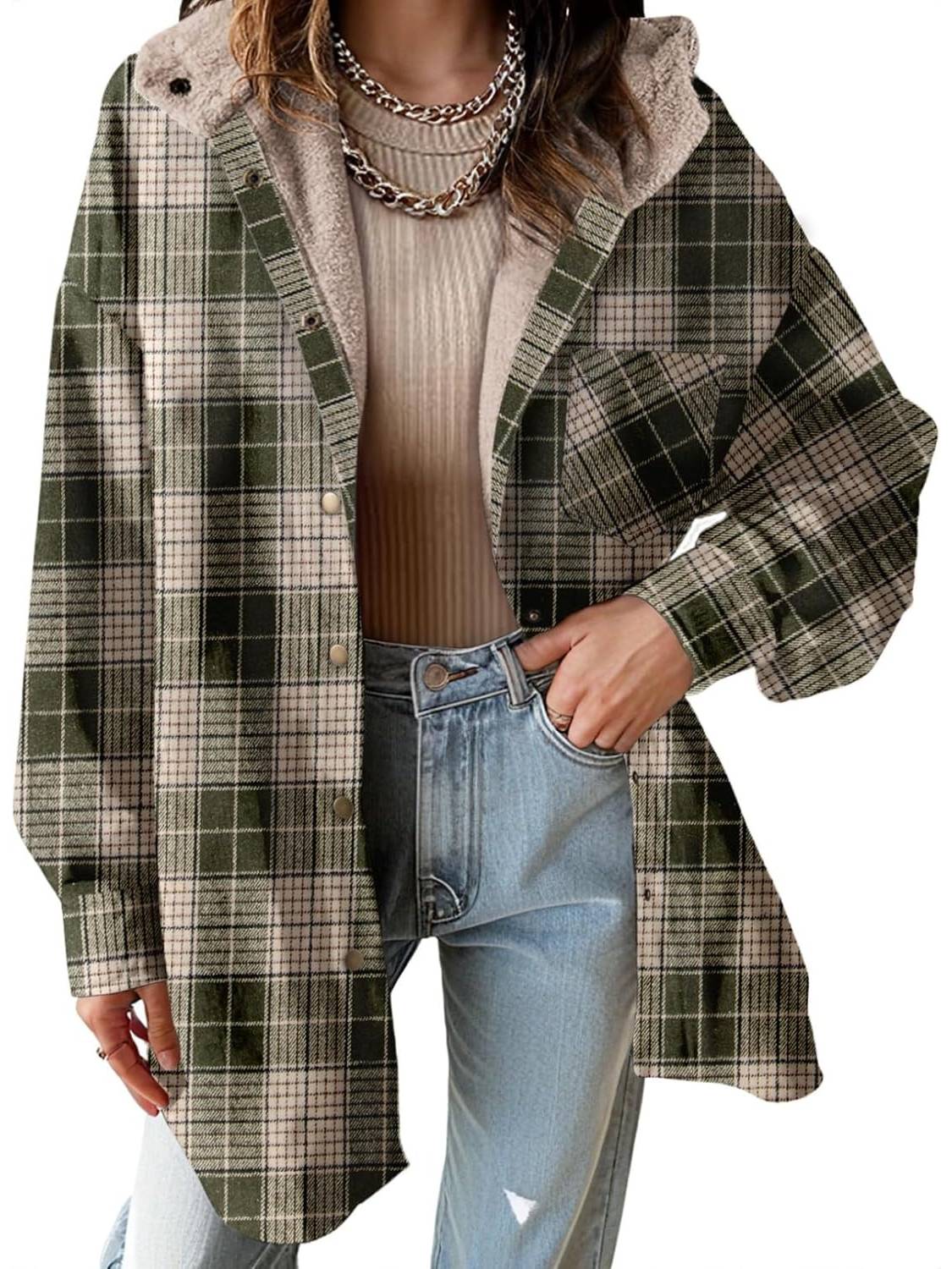 ✨Women's Flannel Hooded Button down Fleece Plaid Shacket