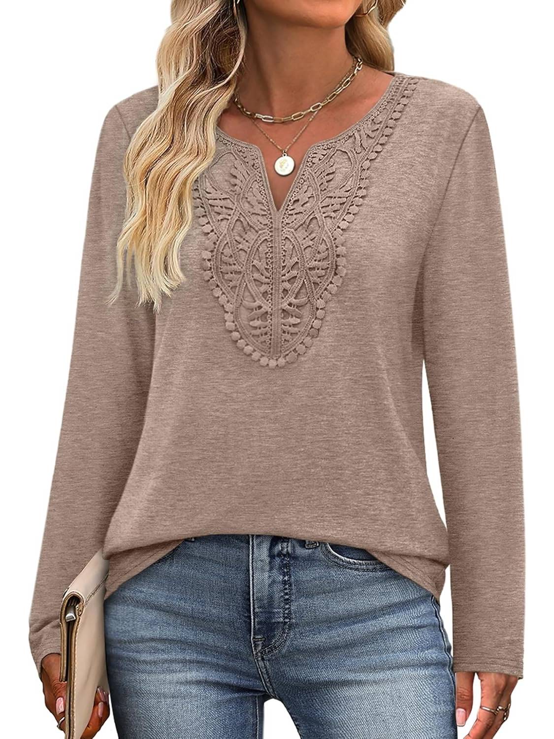 ✨Women Dressy Casual Lace V Neck Long Sleeve Shirts Blouses